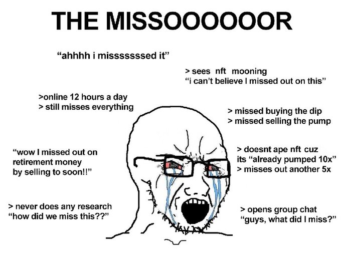 The image is a "Wojak crying" meme titled "THE MISSSSSSOOOOOR" that humorously depicts a perpetually frustrated crypto trader who stays online 12 hours a day yet constantly misses every opportunity—buying dips, selling pumps, NFT mints, and retirement gains—often lamenting "how did we miss this??" or "guys, what did I miss?"

The meme ties into the post's $SOY migration announcement as a satirical warning: the "missor" archetype is exactly who would scramble to ape into a rushed migration link out of FOMO, which is why the post urges users not to "miss out" on verifying the official migrate.fun link and ignoring any team DMs.