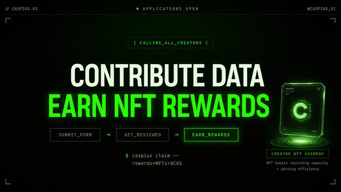 A promotional graphic with the text 'CONTRIBUTE DATA EARN NFT REWARDS' in green, displaying a process flow of SUBMIT_FORM, GET_REVIEWED, and EARN_REWARDS, alongside an image of a 'CREATOR NFT AIRDROP' card.