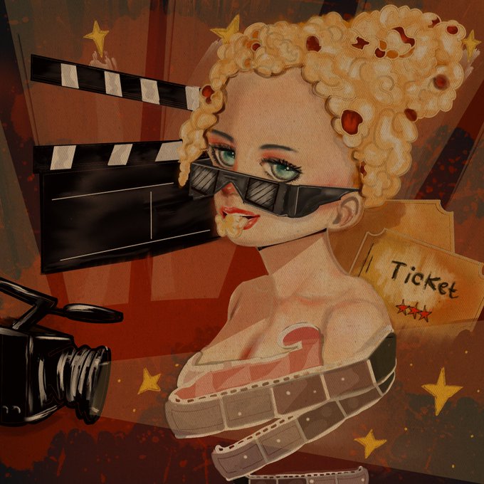 A stylized digital illustration of a curly blonde-haired character wearing shutter shades and eating popcorn, surrounded by a film clapperboard, movie reel, ticket, camera, and star graphics on a red background.