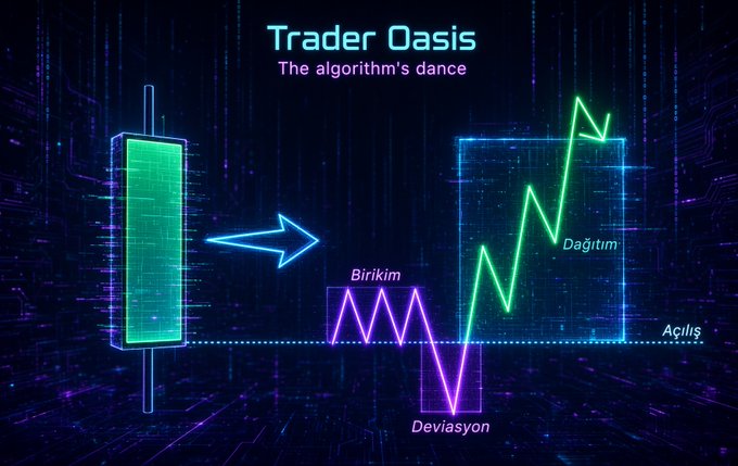 The image titled "Trader Oasis – The algorithm's dance" illustrates a bullish trading concept, showing how a large green candle (Açılış/opening) leads to liquidity accumulation (Birikim), followed by a distribution phase (Dağıtım) marked by an upward trend, with the lows (Deviasyon) manipulated after pre-opening. This visualizes the post's description of how algorithms distribute upward after accumulating liquidity at the open, applicable across daily, weekly, and monthly timeframes.