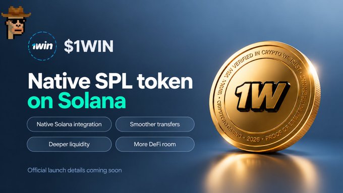 A promotional graphic for the "$1WIN" native SPL token on Solana, featuring a gold coin with "1W" inscribed and features listed: "Native Solana integration," "Smoother transfers," "Deeper liquidity," and "More DeFi room."