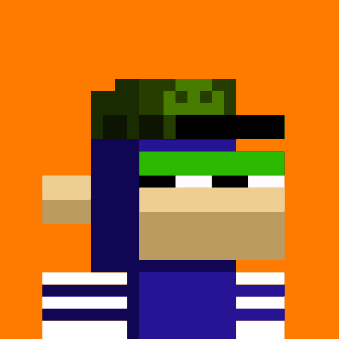 A pixelated Minecraft-style avatar with a green headband, blue shirt, and blue overalls stands against a solid orange background.