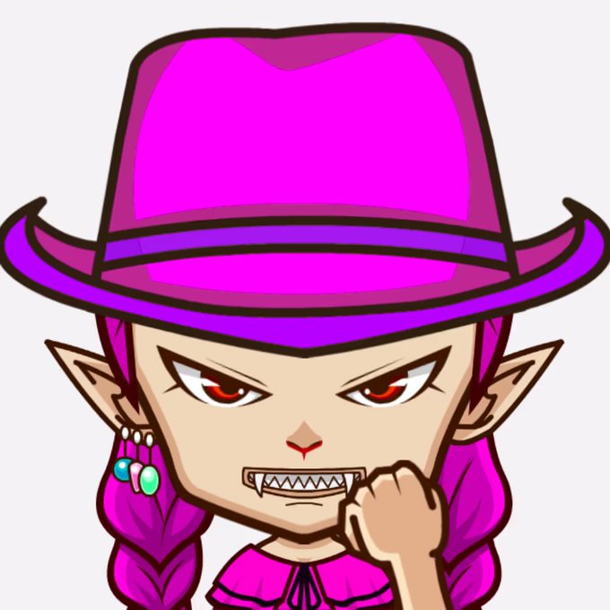 A chibi-style cartoon character with pointed ears, sharp fangs, and an angry expression, wearing a bright pink fedora hat and matching outfit with a magenta ponytail and turquoise jewelry.