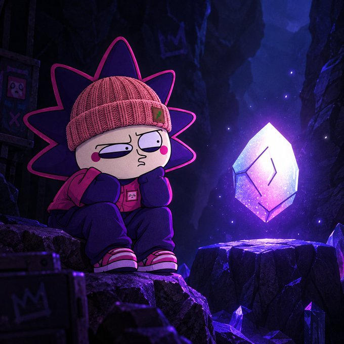 A digital artwork of a cartoon-style character wearing a pink beanie and puffer jacket, sitting glumly on rocky ground in a dark cave, looking at a glowing purple crystalline gem.