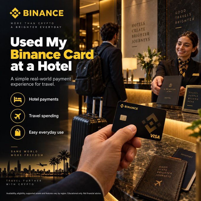 A Binance promotional image showing a hand holding a black Binance Visa card at a hotel reception desk. Text includes 'Binance Card', 'Hotel payments', 'Travel spending', and 'Easy everyday use'.