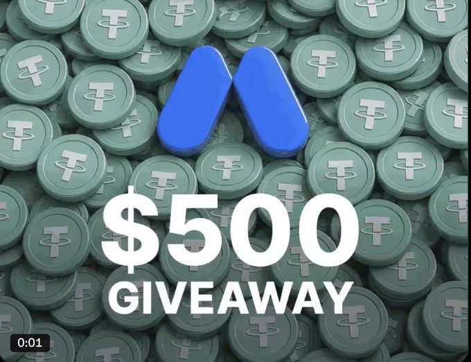 A promotional graphic announcing a "$500 GIVEAWAY" displayed in bold white text over a background of stacked Tether (USDT) coins, with the MEXC exchange logo prominently centered in blue. The image visually reinforces the post's claim of a $500 USDT giveaway prize from MEXC.