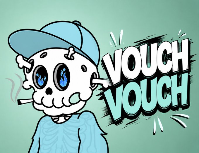 A cartoon skeleton character with blue flame eyes wearing a blue cap stands next to the text 'VOUCH VOUCH'.