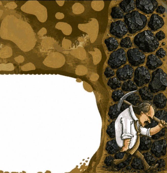 A cartoon illustration depicting a miner carrying a pickaxe walking through a rocky tunnel, representing Bitcoin mining or proof-of-work.
