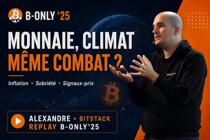A thumbnail for a Bitcoin conference replay titled 'B-ONLY '25: MONNAIE, CLIMAT, MÊME COMBAT?'. It features a bald man in a black hoodie speaking, with topics listed as Inflation, Sobriété, and Signaux-prix.