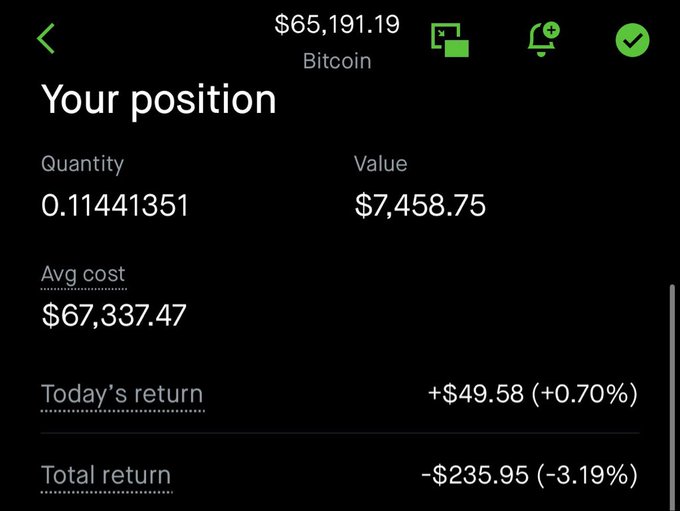 A Robinhood app screenshot showing a Bitcoin position with a quantity of 0.11441351 BTC valued at $7,458.75 at a current price of $65,191.19, featuring an average cost of $67,337.47 and a total return of -$235.95 (-3.19%), illustrating the user's holdings they plan to transfer to a Bitkey hardware wallet.