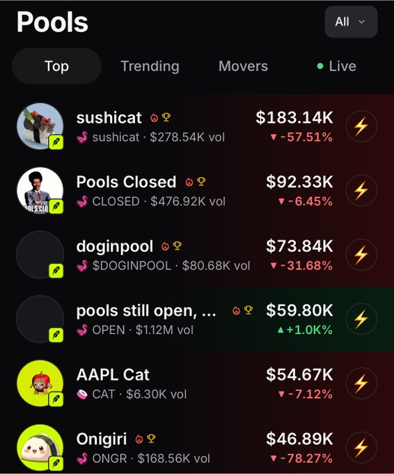 A screenshot of a cryptocurrency pools dashboard listing various tokens including 'sushicat', 'Pools Closed', 'doginpool', 'pools still open', 'AAPL Cat', and 'Onigiri', along with their values, trading volumes, and percentage changes.