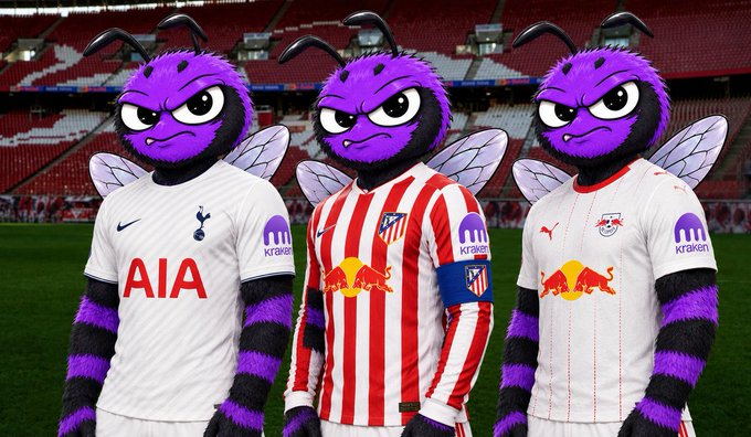 Three purple bee-like mascots wearing soccer jerseys from Tottenham Hotspur, Atlético Madrid, and RB Leipzig standing on a football pitch.