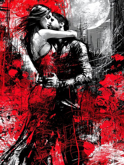 A dramatic black, white, and red illustration of a couple embracing passionately against a backdrop featuring a full moon and stylized red foliage.