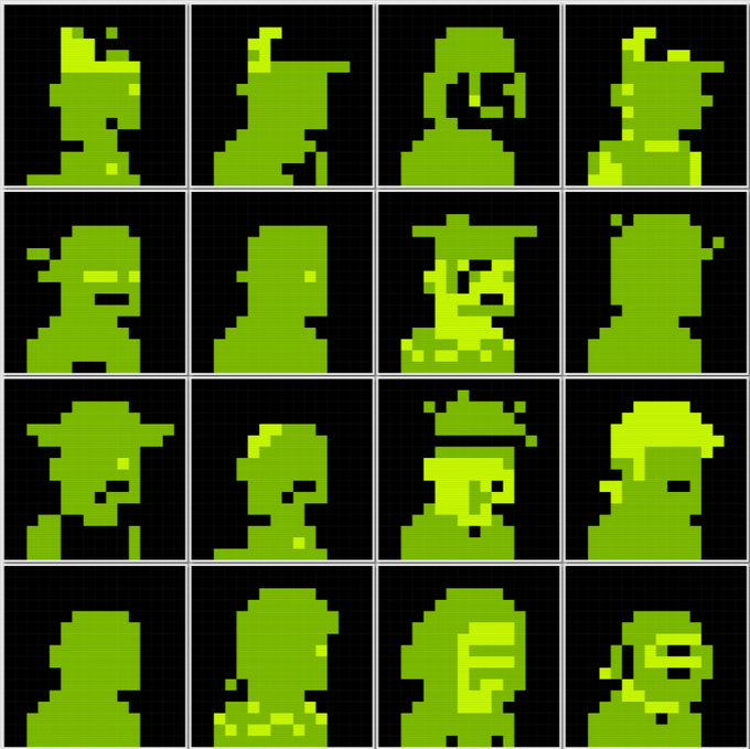 A 4x4 grid of sixteen small, green pixel-art silhouettes depicting various characters, figures, and faces in different poses against a black background.