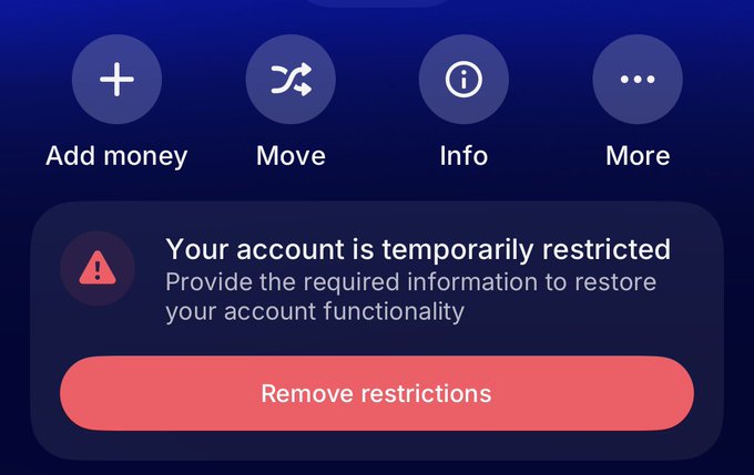A mobile app screen displays a warning that 'Your account is temporarily restricted,' prompting the user to 'Remove restrictions' alongside options like 'Add money' and 'Move'.
