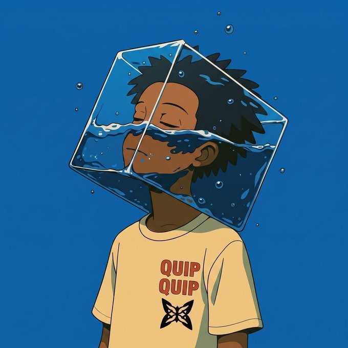 A digital illustration of a person wearing a t-shirt that reads 'QUIP QUIP' with a butterfly logo, and a cube of water surrounding their head with their eyes closed.