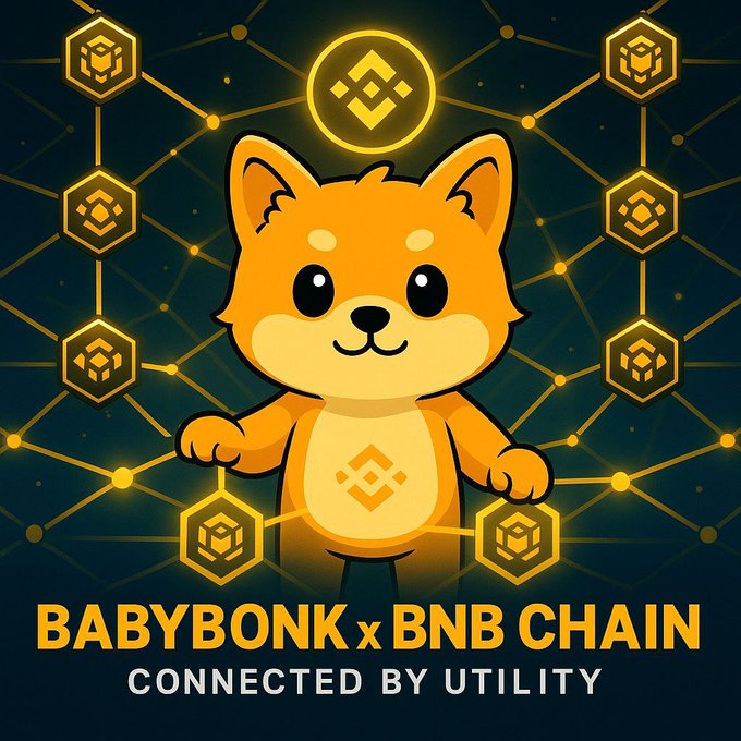 A cheerful orange cartoon Shiba Inu mascot stands at the center of a glowing Binance logo network, promoting "BABYBONK x BNB CHAIN" with the tagline "CONNECTED BY UTILITY." The image visually reinforces the BNB Chain ecosystem theme, complementing the post about BullNBearApp V3's new flexible launch mechanics that empower creators to earn from their own token fees.