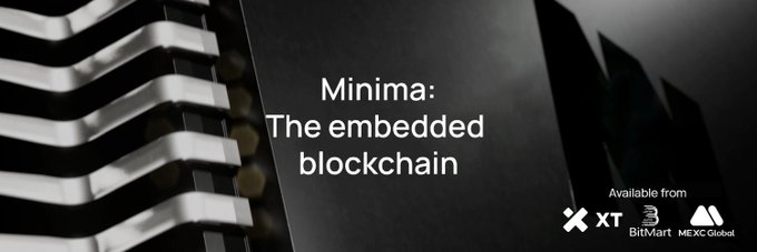 A promotional banner for 'Minima: The embedded blockchain' available from XT, BitMart, and MEXC Global exchanges.
