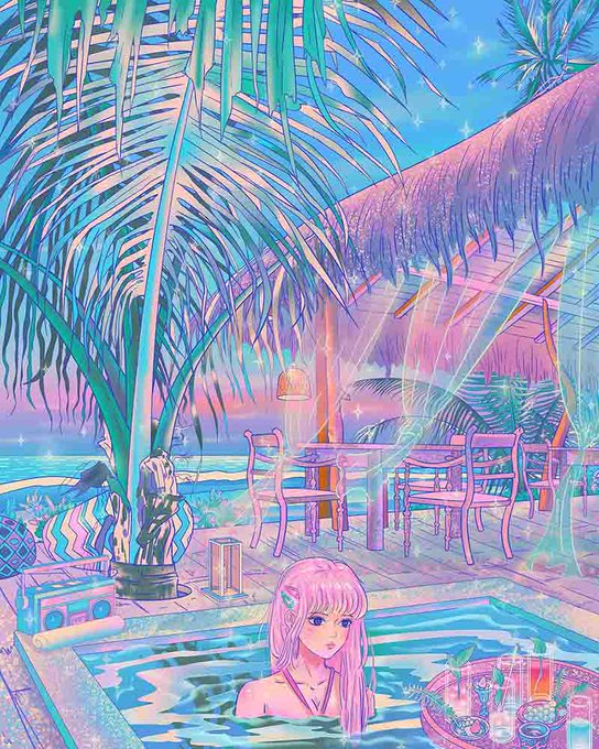 A vibrant anime-style illustration of a pink-haired girl in a pool at a tropical beach hut setting, featuring pastel colors, palm fronds, and a dreamy aesthetic.