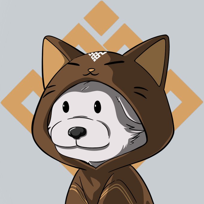 An illustrated NFT-style husky dog character wearing a brown cat hoodie with the Binance logo pattern in the background.
