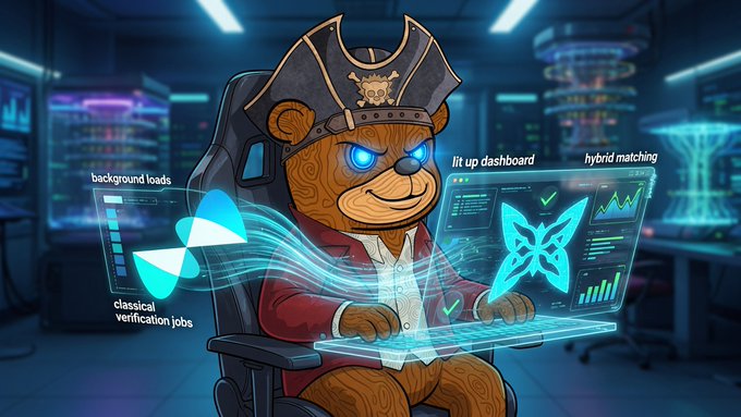 A pirate-themed teddy bear wearing a tricorn hat sits at a glowing holographic control station in a futuristic server room, with on-screen text highlighting "background loads," "classical verification jobs," "lit up dashboard," and "hybrid matching," visually echoing the post's description of running a smooth verification job on the $QUIP testnet while monitoring system performance.