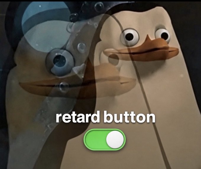 A humorous meme featuring two duck figurines with the text 'retard button' displayed above an activated green toggle switch.