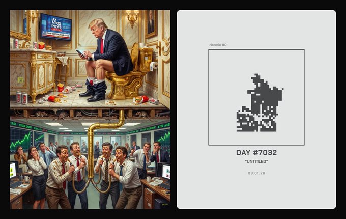 The image shows a two-panel artwork: on the left, a stylized illustration of a politician on a golden toilet scrolling on his phone while surrounded by chaos, connected via a tube to frantic traders watching stock tickers below; on the right, a minimalist pixel-art "Normie #0" labeled "DAY #7032 'UNTITLED' 08.01.26" — representing a simple, faceless figure that contrasts with the elaborate political satire, capturing Beeple's recurring "Normie Every Day" series theme.