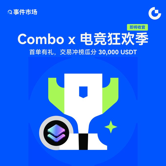 A blue promotional graphic with Chinese text for an event market, featuring 'Combo x 电竞狂欢季' and a 30,000 USDT trading prize, with a stylized white and green trophy icon.