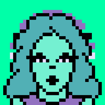 A pixel-art portrait of a hooded figure with teal skin and purple hood against a bright green background, in the style of a CryptoPunk NFT.