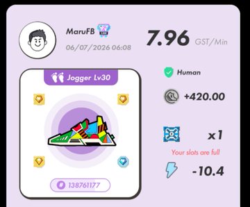 A screenshot of the MaruFB STEPN app interface on 06/07/2024 at 06:08 shows a user earning only 7.96 GST/Min on a Jogger Lv30 sneaker despite having a full energy slot (-10.4), aligning with the post's complaint about unusually low P (point) earnings that day. The "Your slots are full" indicator further emphasizes the disappointing reward yield during the user's morning walk.