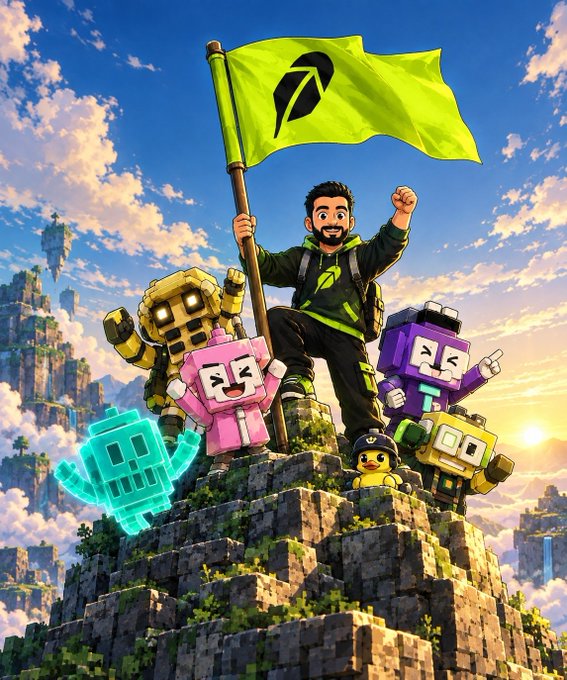 A stylized digital illustration featuring a character with a green flag alongside various blocky robot-like characters standing atop a rocky peak.