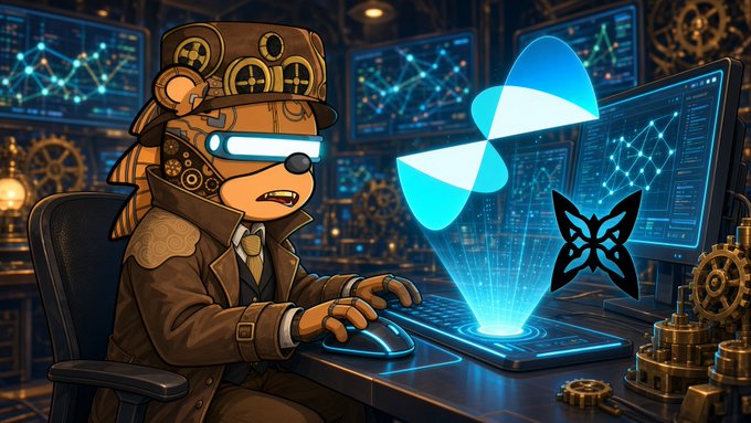 A steampunk-style cartoon mouse wearing goggles and a trench coat sits at a futuristic computer console with holographic screens and a glowing blue butterfly logo.
