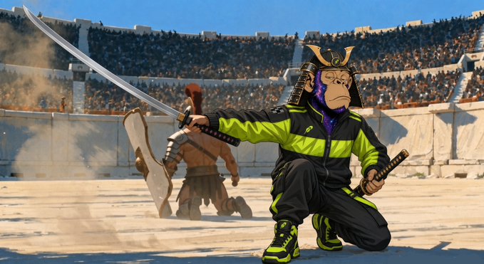 A digital illustration depicting a samurai character wearing a neon green and black tracksuit and holding two swords in a gladiator arena, crouching in a fighting stance.