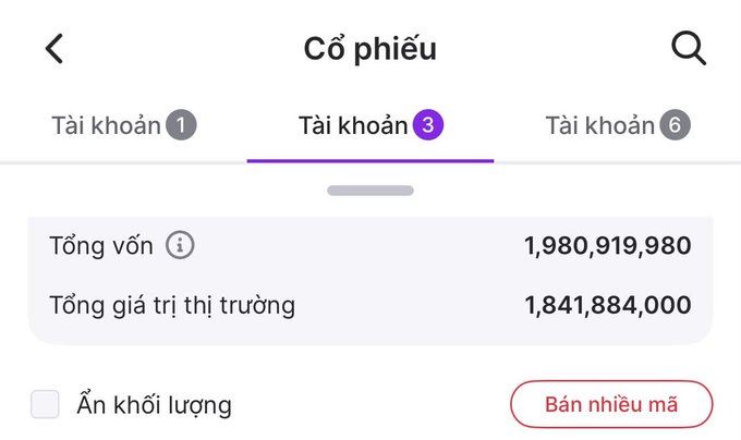 A Vietnamese stock trading app interface showing 'Cổ phiếu' (Stocks) header with account tabs and figures for total capital (1,980,919,980) and total market value (1,841,884,000).