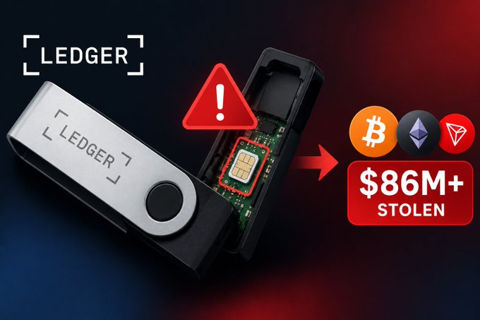 A promotional graphic showing a disassembled Ledger hardware wallet with a warning triangle, indicating a security breach; text indicates '$86M+ STOLEN' along with Bitcoin, Ethereum, and Tron logos.