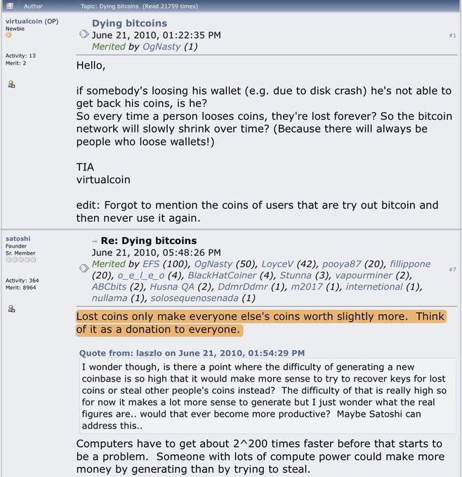 In the image, there is a screenshot of a computer screen where someone has written an article about virtual coins. The text appears to be discussing the value of lost virtual coins and how they can benefit everyone else by donating them instead of keeping them for oneself. The photo caption beneath this text further emphasizes the idea that these virtual coins are valuable because they make up something called " Satoshi Nakamoto's donation". The image does not provide any direct context about a particular event, like an online chat or email conversation, but it is related to the post in some way.