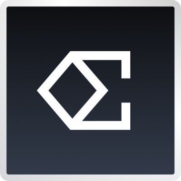 A dark square logo featuring a stylized white geometric design resembling interlocking angular shapes.