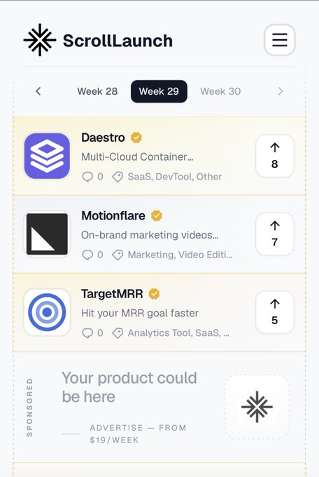 A screenshot of the 'ScrollLaunch' weekly product ranking page for Week 29, featuring Daestro (Multi-Cloud Container, rank 8), Motionflare (On-brand marketing videos, rank 7), and TargetMRR (Hit your MRR goal faster, rank 5), with a sponsored slot at the bottom advertising from $19/week.