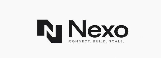 A black and white logo for 'Nexo' with the tagline 'CONNECT. BUILD. SCALE.'