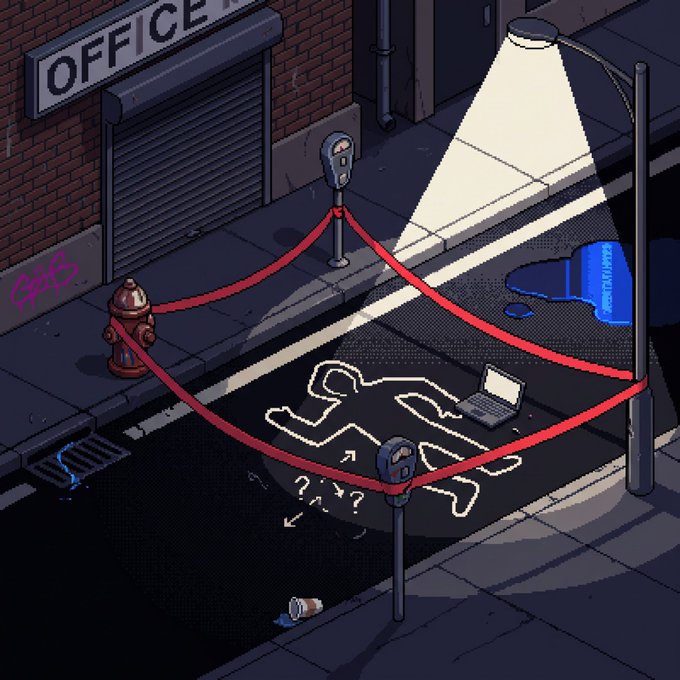 A nighttime crime scene outside a building labeled "OFFICE" features a chalk-outlined body on the street alongside a laptop, with red crime scene tape roped around a fire hydrant and parking meters, and a streetlight casting illumination over the area. The image evokes the "game in progress" theme of an Exilediens NFT collection reveal, suggesting a mystery or digital scavenger hunt where participants piece together clues from the scene.
