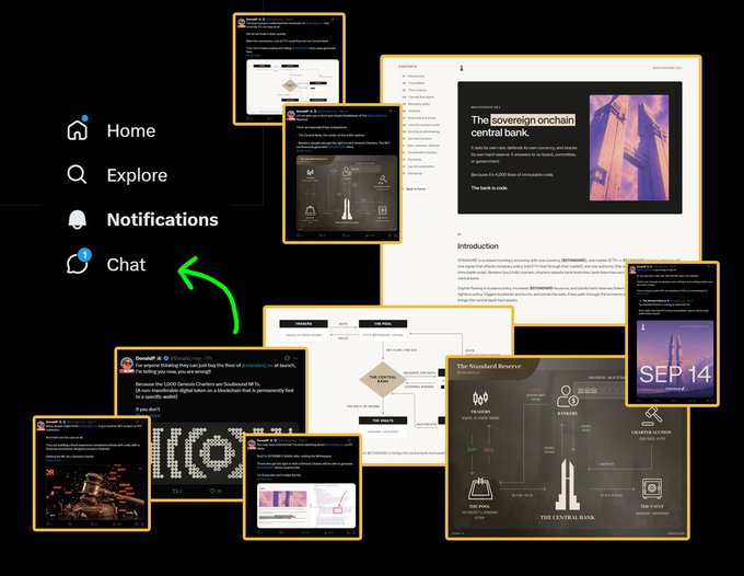 A promotional graphic displays a navigation menu (Home, Explore, Notifications, Chat) alongside screenshots of articles about 'The sovereign onchain central bank' and 'The Standard Reserve'.