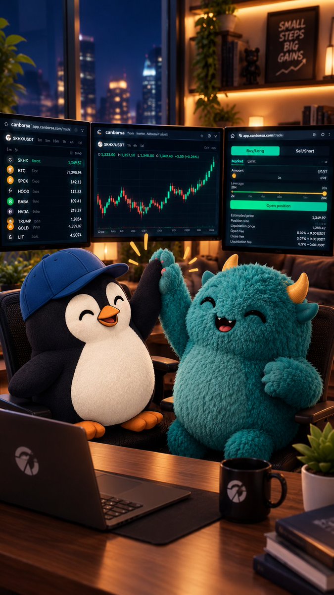 Two plush toys, a penguin wearing a blue cap and a teal monster with horns, sit together celebrating as trading interfaces display 'SKHX/USDT' and 'BTC' charts in a high-tech room setting.
