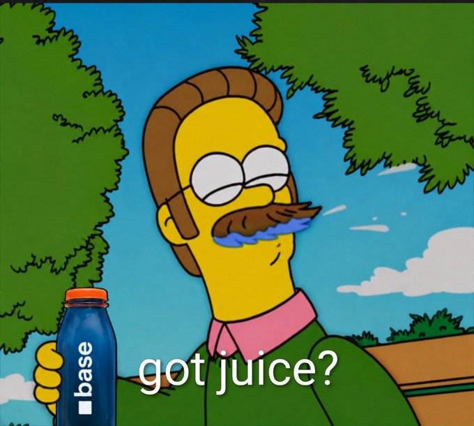 Ned Flanders from The Simpsons is depicted drinking from a blue bottle labeled "base" with juice in his mustache, humorously playing on the "got juice?" caption to suggest he's powered up or ready to go, parodying the "got milk?" ads.
