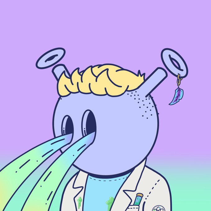 A cartoon blue character with blonde hair, two antenna discs (one with a feather charm), and large teal tears streaming from its eyes.