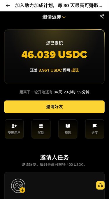 A Chinese-language crypto referral/invite page showing 46.039 USDC accumulated with 3.961 USDC remaining until withdrawal, with a countdown of 4 days 23 hours 59 minutes to the next round and 400 USDC monthly invite cap.