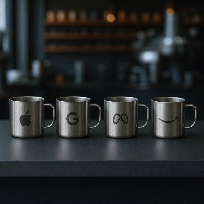 Four stainless steel mugs sit in a row on a dark counter, each branded with the logos of Apple, Google, Meta, and Amazon.