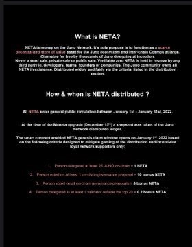 A dark informational slide explains what NETA is, a Cosmos ecosystem token distributed via airdrop to JUNO on-chain governance voters, detailing that 75,000 NETA were snapshotted on December 19th and that voting on proposals from January 1st to January 31st, 2022 entitled users to up to 16.2 bonus NETA. This relates to the post about the February 2022 NETA airdrop, where Juno voters could claim 16.2 NETA tokens.