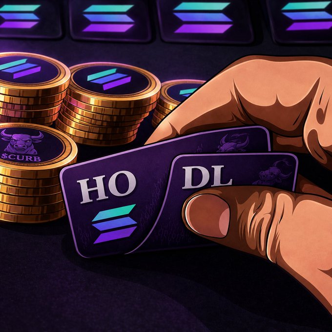 A stylized illustration shows a hand revealing two playing cards labeled "HO" and "DL" above stacks of gold coins bearing the Solana logo, with "SCURB" visible on a coin in the background. The image visually represents a poker-style reveal of the Solana ticker, tying into the "solana" post.