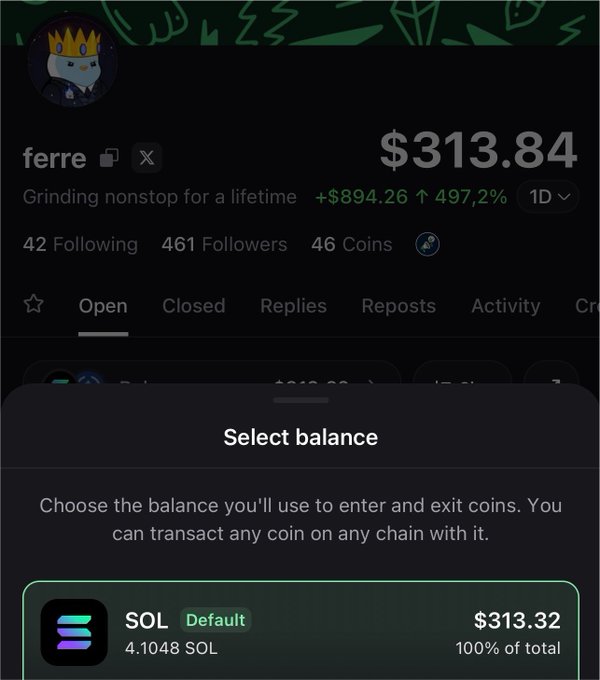 A user with the handle "ferre" displays a portfolio value of $313.84 (up $894.26, 497.2% in 1D) with a "Select balance" popup showing 4.1048 SOL ($313.32, default) as 100% of their total holdings, corresponding to their stated starting balance for a Pump.fun trading challenge with a 40 SOL daily goal.