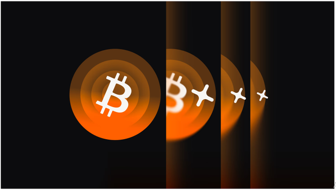 A graphic design featuring the Bitcoin (₿) logo in white on an orange circular background, repeated four times with decreasing opacity from left to right against a black backdrop.